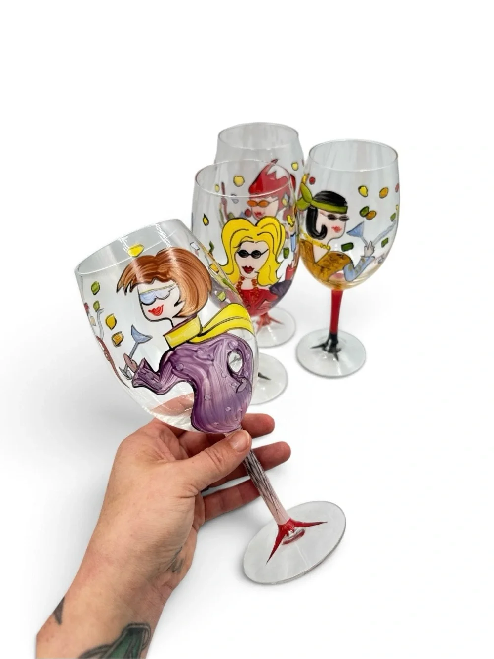 Vintage Hand Painted Whimsical Diva Wine Glasses & Ice Bucket 5 Pc Set